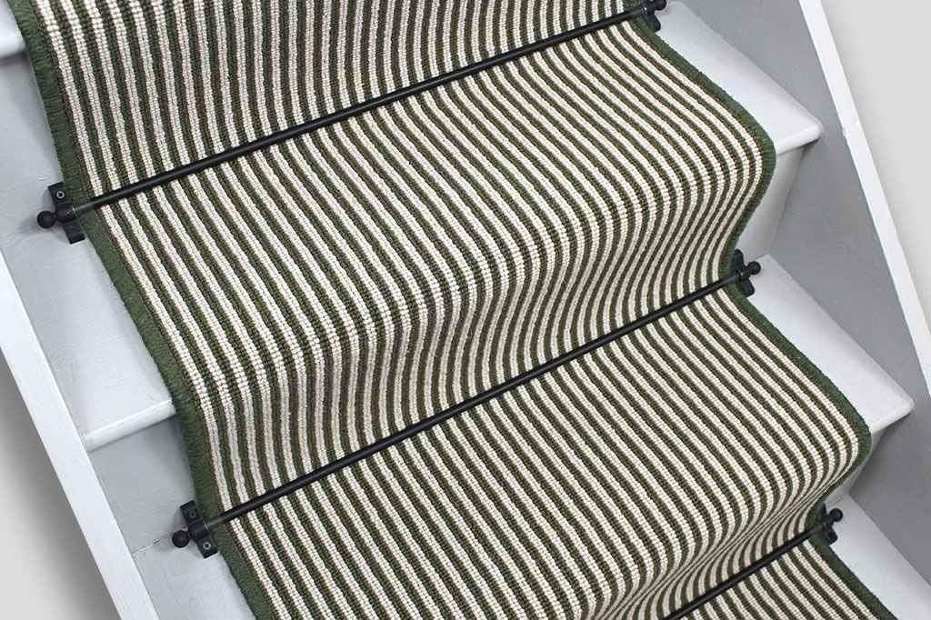 Deco Collection Green Striped Stair Runner with Green Wool Edge 570cm x 60cm