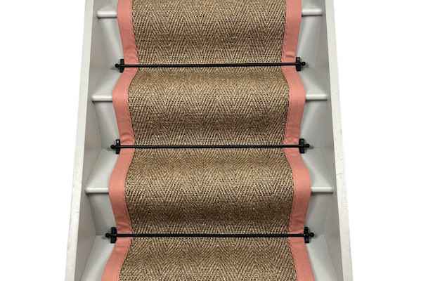 Herringbone Pewter Sisal Stair Runner with Plain Cotton Blush Pink Border