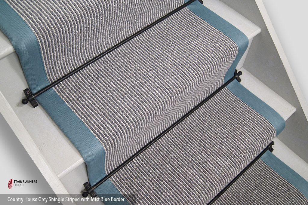 Country House Grey Shingle Striped Stair Runner with Mist Blue Border 60cm x 7m
