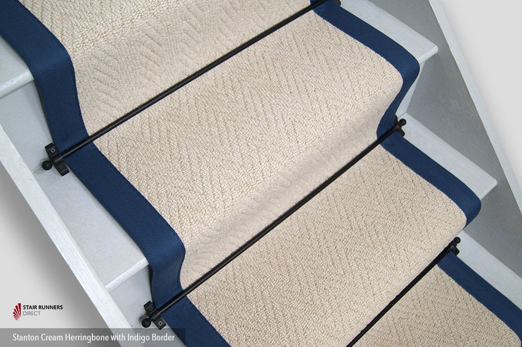 Stanton Cream Herringbone Stair Runner with Indigo Border 60cm x 8m